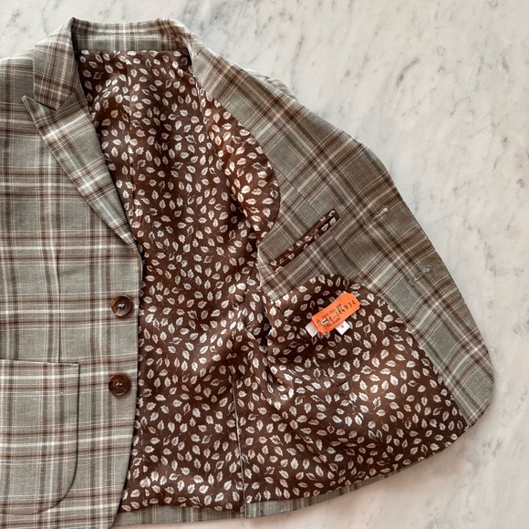 Isaac Mizrahi NewYork Boys 4 Checked Blazer Olive Brown Oxford Plaid Linen Elbow - Picture 7 of 12